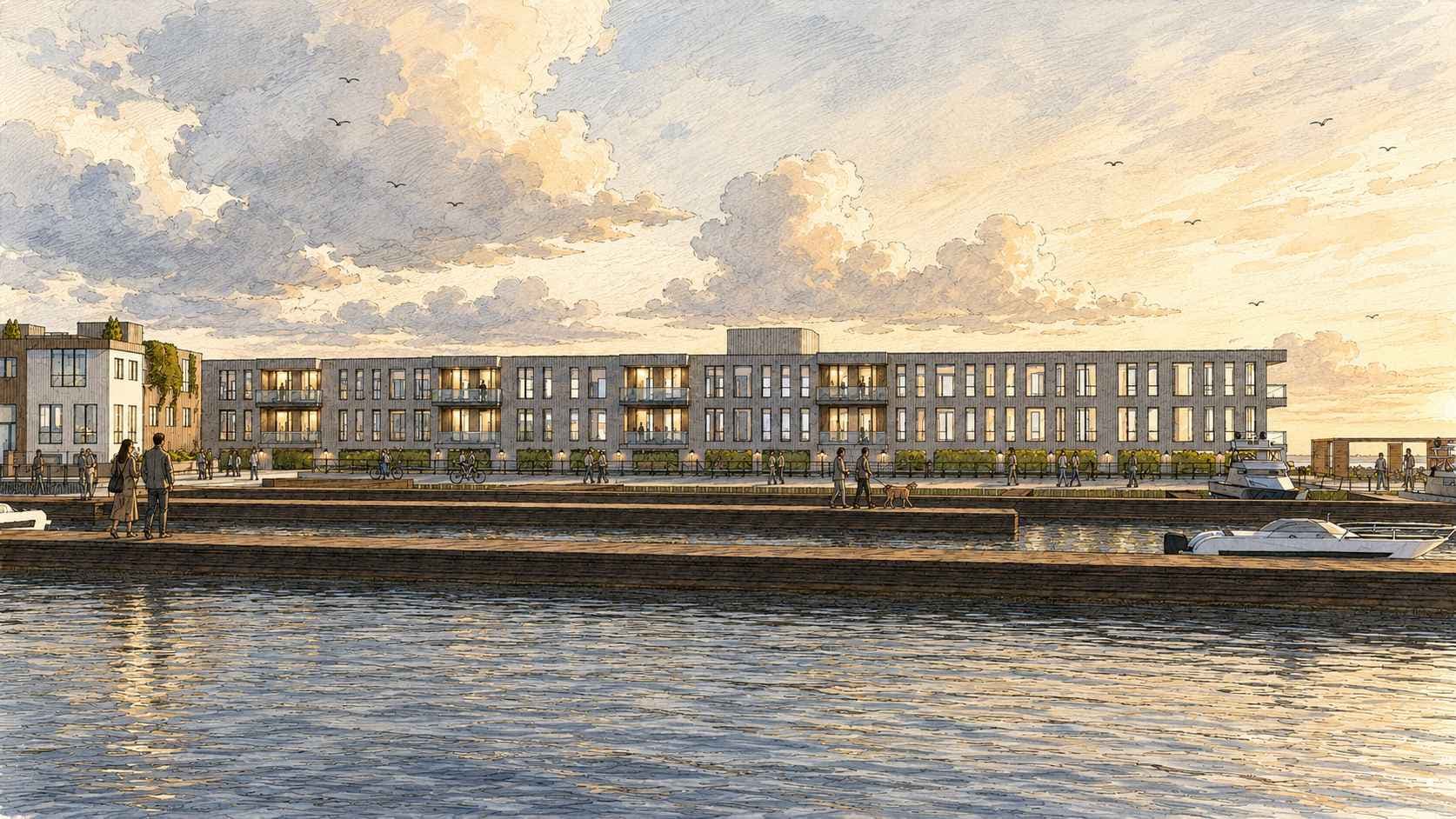 Applicant rendering showing the long Inspiration Wharf residential facade across the waterfront from Louie's Restaurant