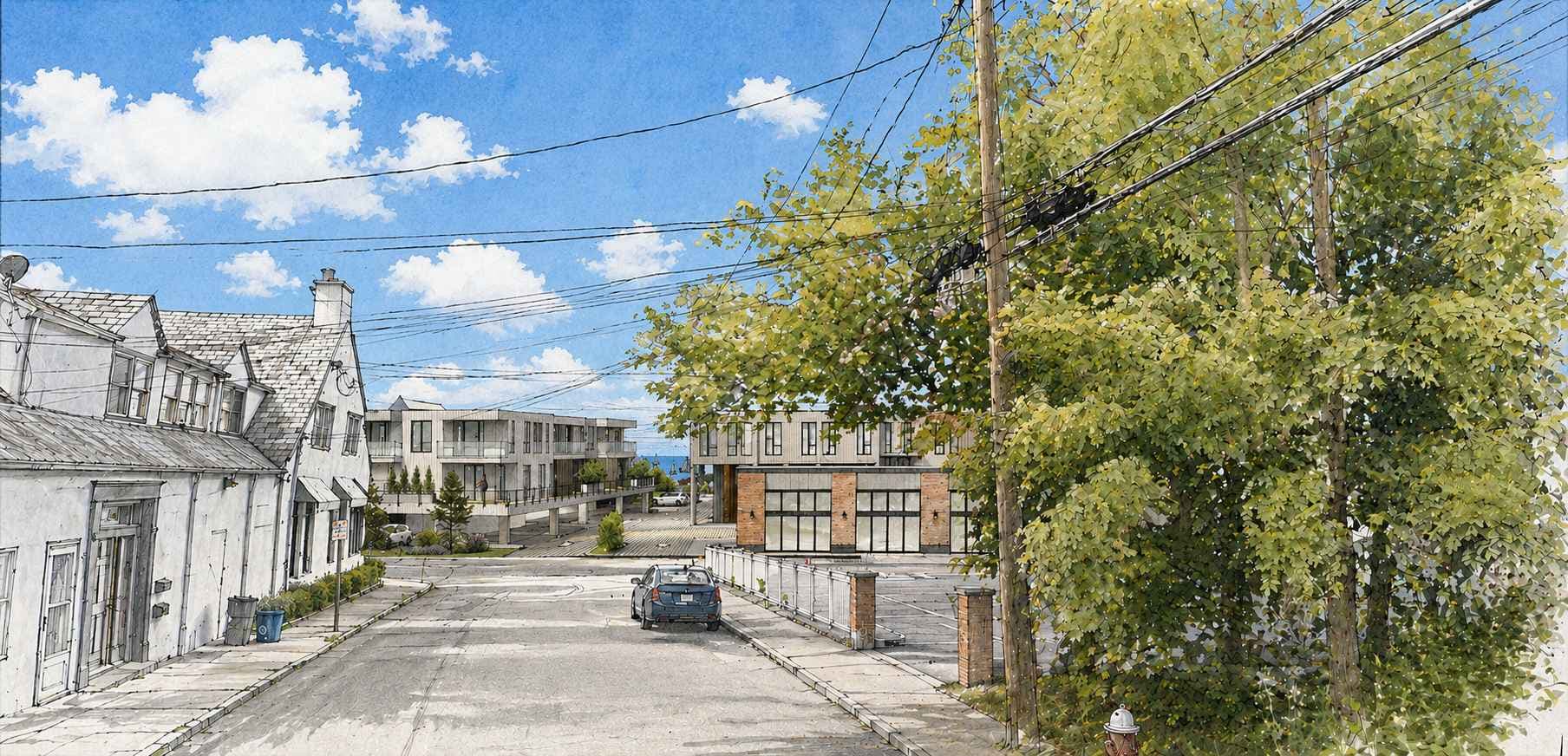 Applicant rendering looking down Second Avenue toward Manhasset Bay with proposed buildings across the waterfront view