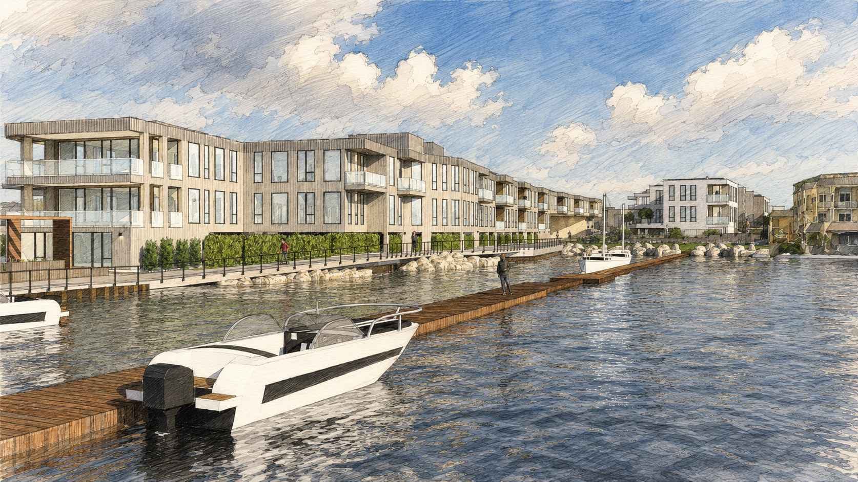 Applicant rendering looking along the proposed residences and waterfront walkway from Manhasset Bay