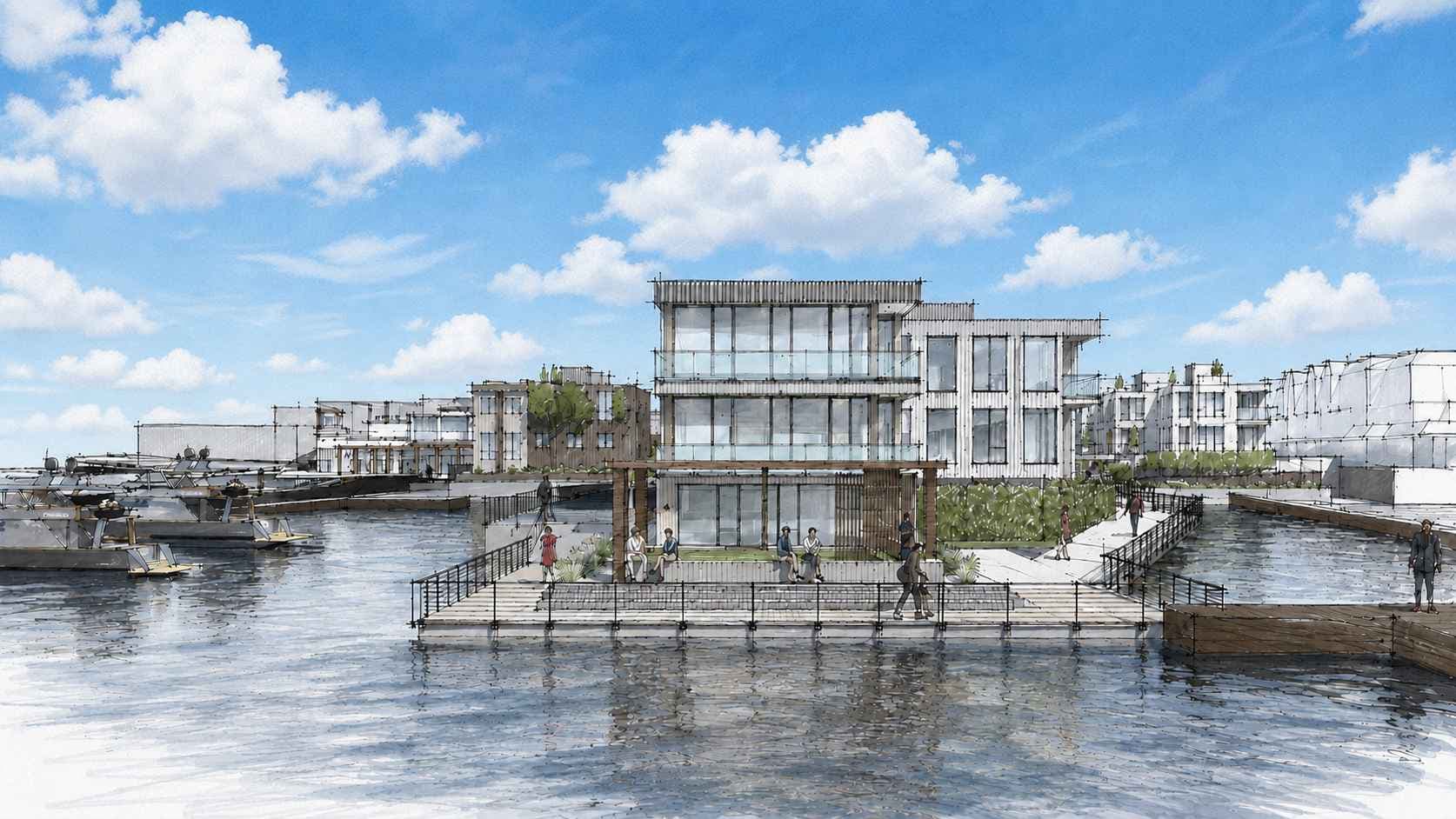 Applicant rendering showing a proposed building and public platform at the tip of Inspiration Wharf with water on both sides