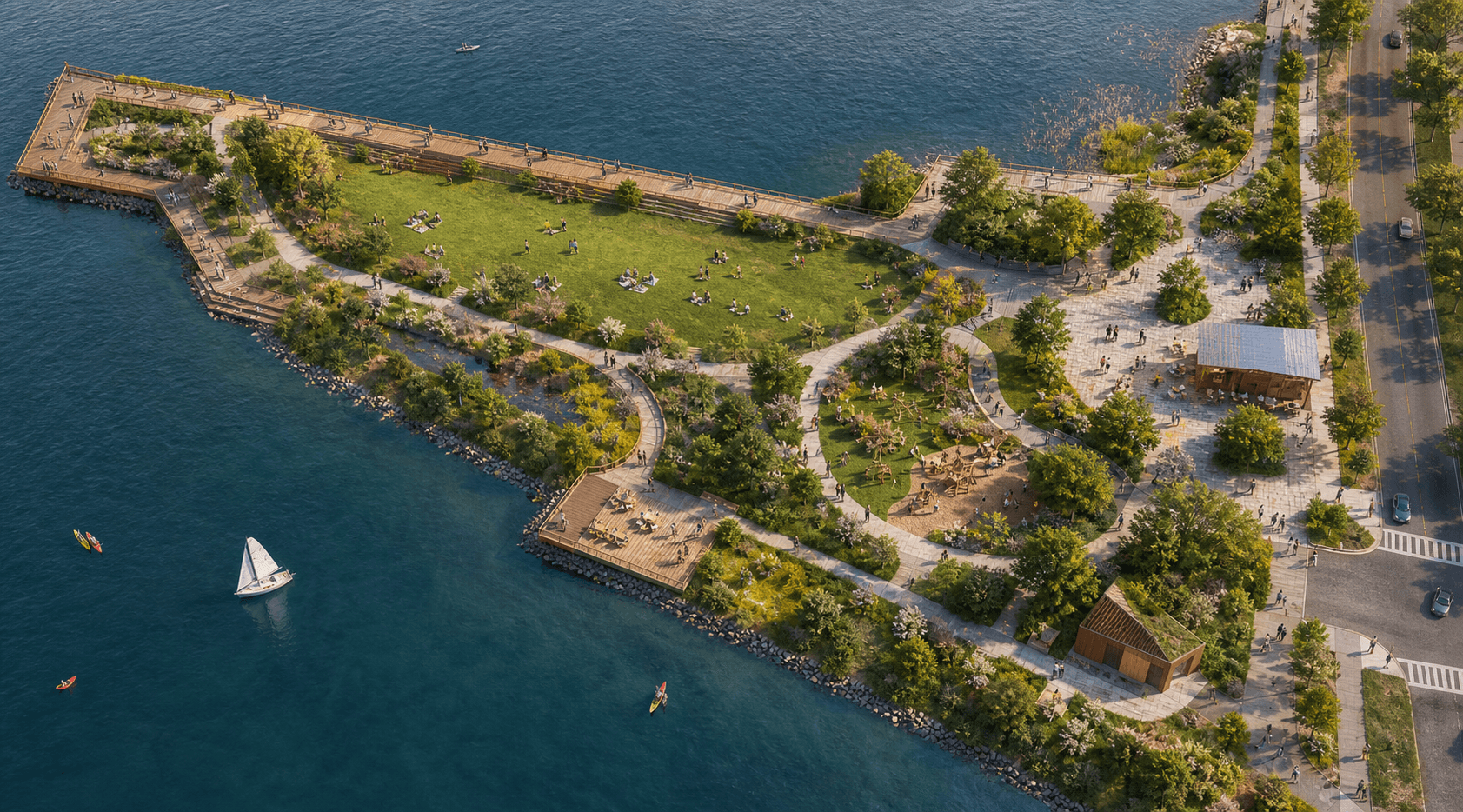 Conceptual aerial rendering of a large public park, paths, plantings, playground, and waterfront access at Inspiration Wharf