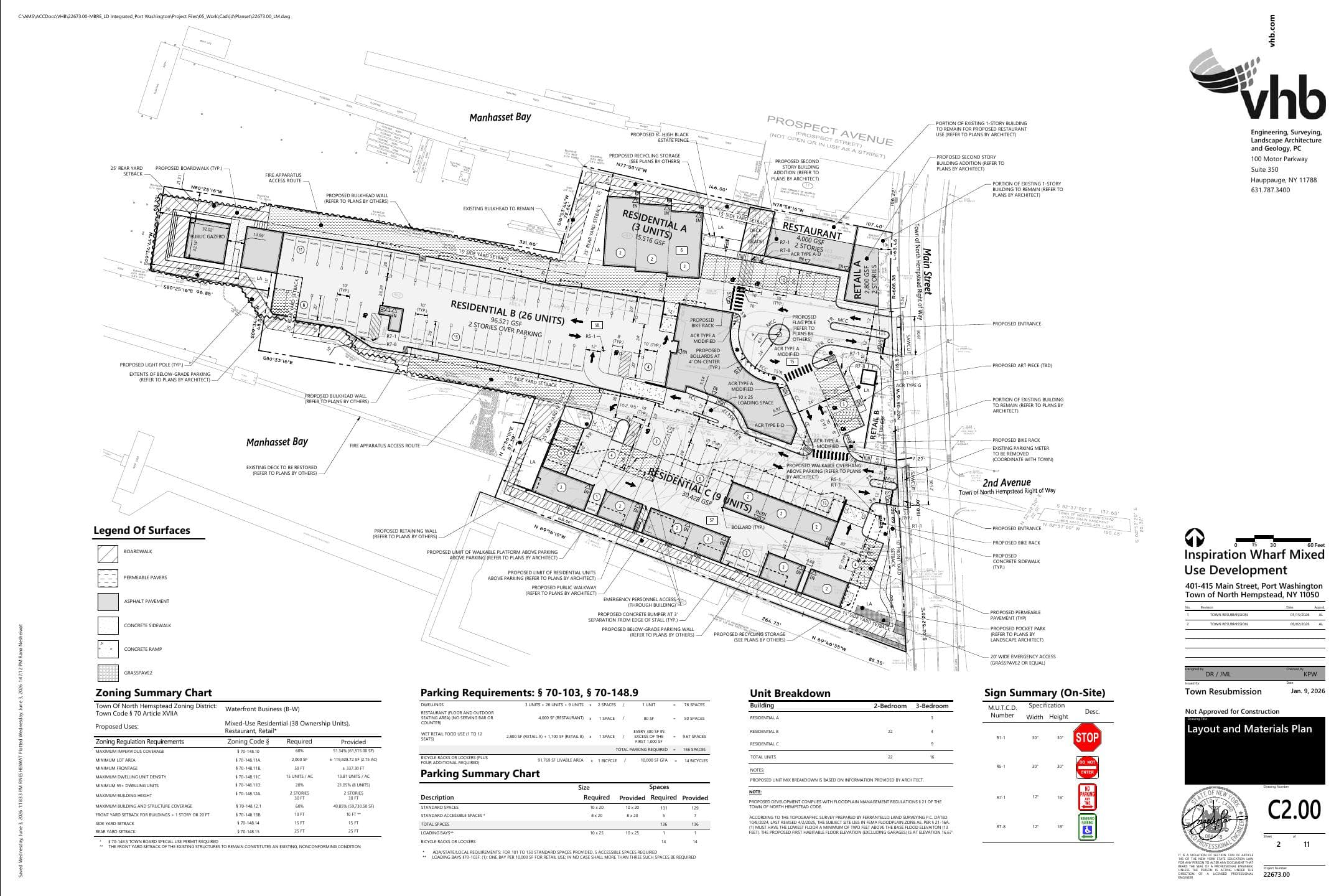 Applicant layout and materials plan C2.00 showing the Inspiration Wharf development extending along the narrow parcel into Manhasset Bay