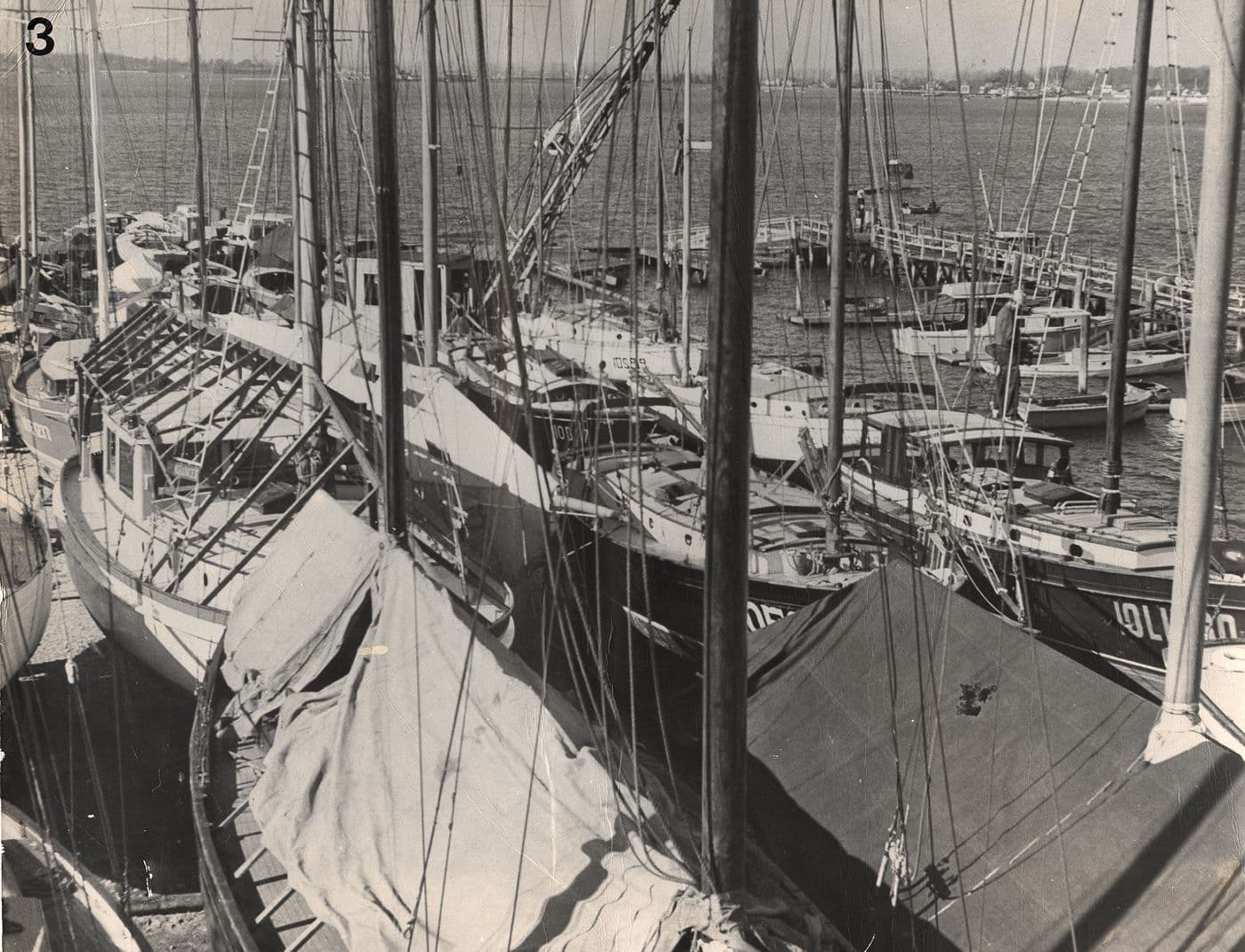 A crowded group of civilian yachts with large identification numbers painted on their hulls at A and R Marshall