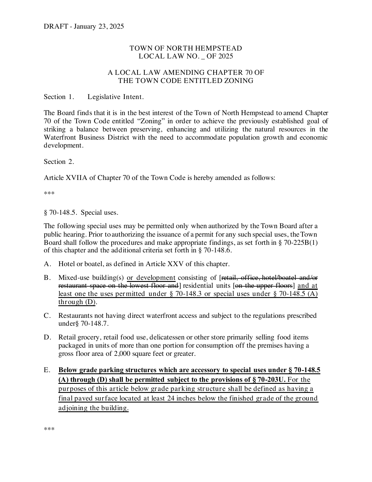 First page of the January 23, 2025 Waterfront Business District code amendment draft