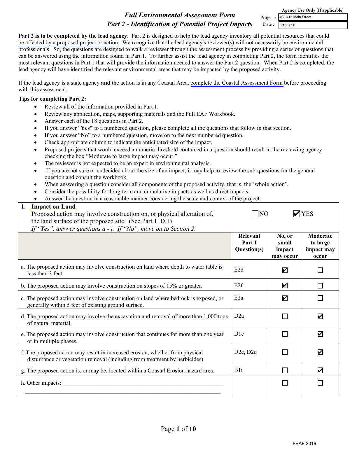 First page of the 2026 environmental assessment form Part 2 for 403 to 415 Main Street