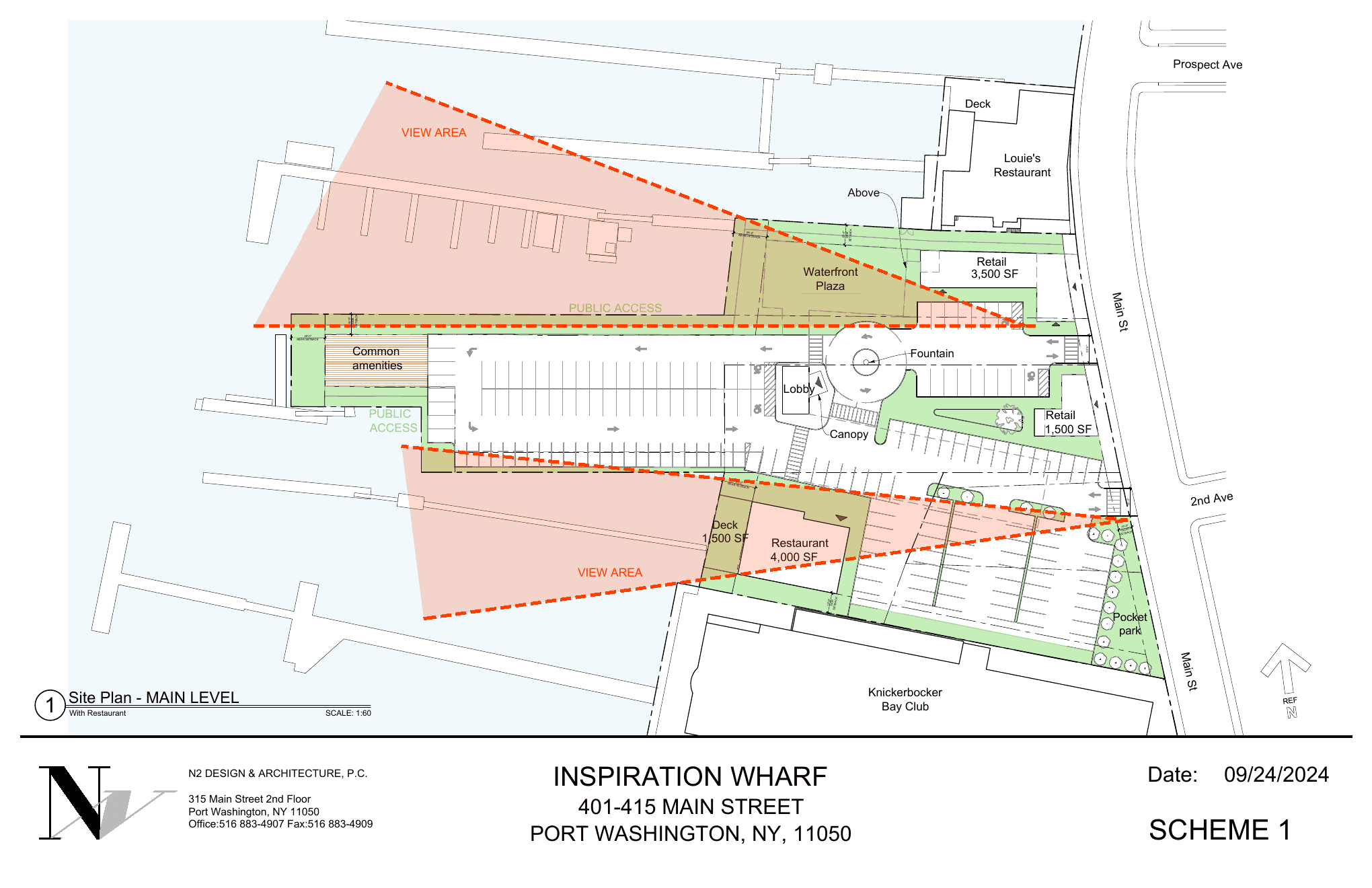 Architectural zoning-analysis drawing showing the Inspiration Wharf concept, view area, deck, and Louie's Restaurant